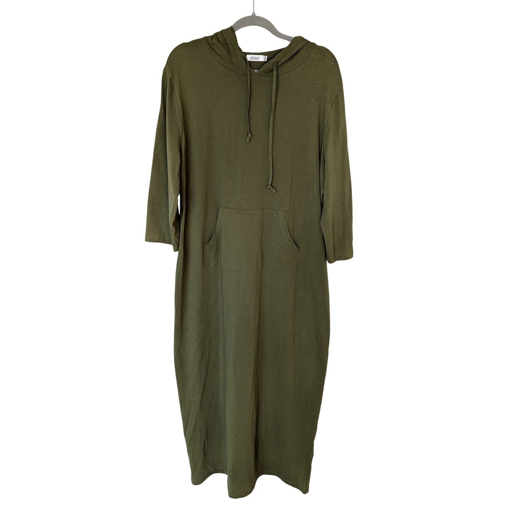 Missky Olive Green Long Hoodie Dress 3/4 Sleeve Kangaroo Pocket - Picture 2 of 5